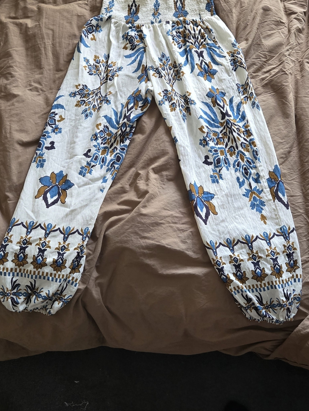 Women's Blue Floral Smocked Waist Harem Pants